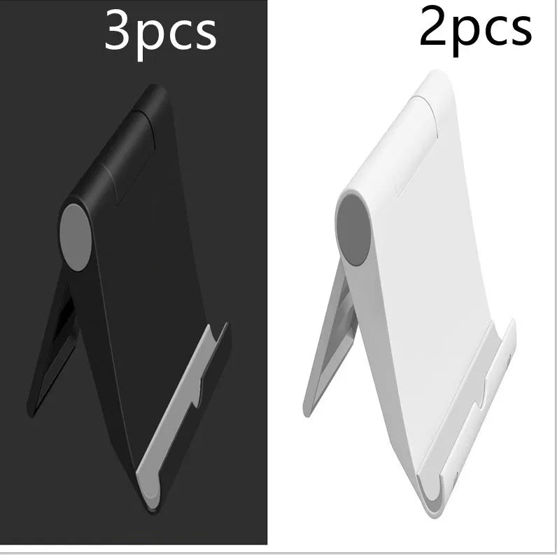 A black PE plastic folding stand holding a mobile phone at an angle, showing its compact design.