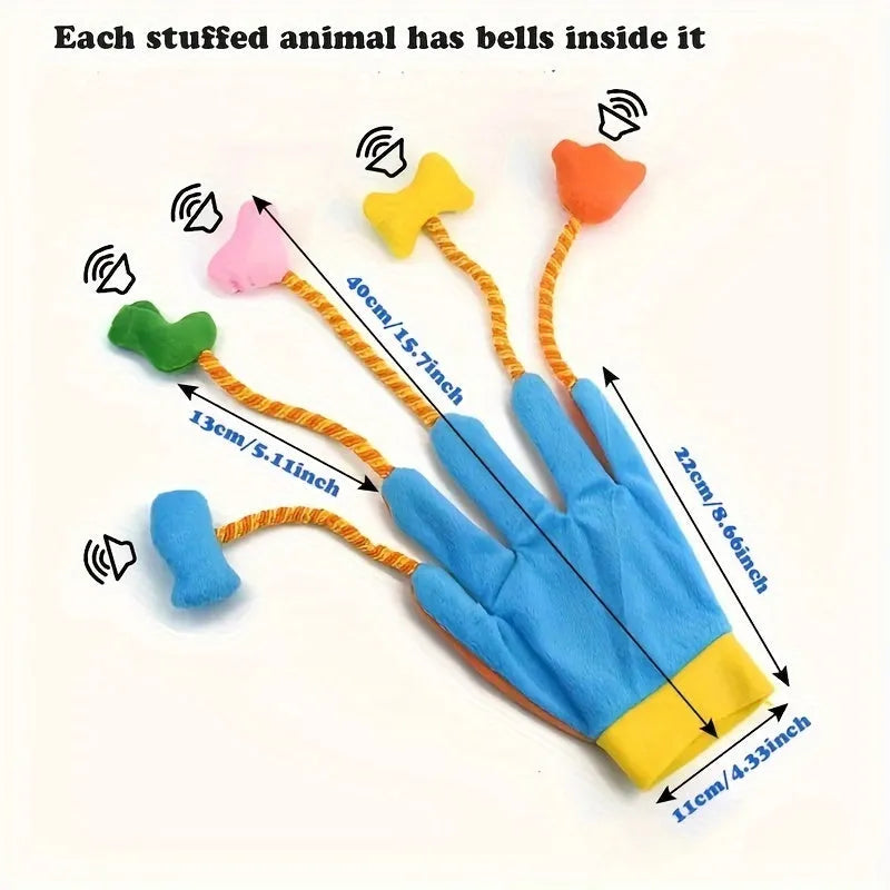 Yellow and blue plush cat toy glove with integrated bell trailer measuring 40cm long