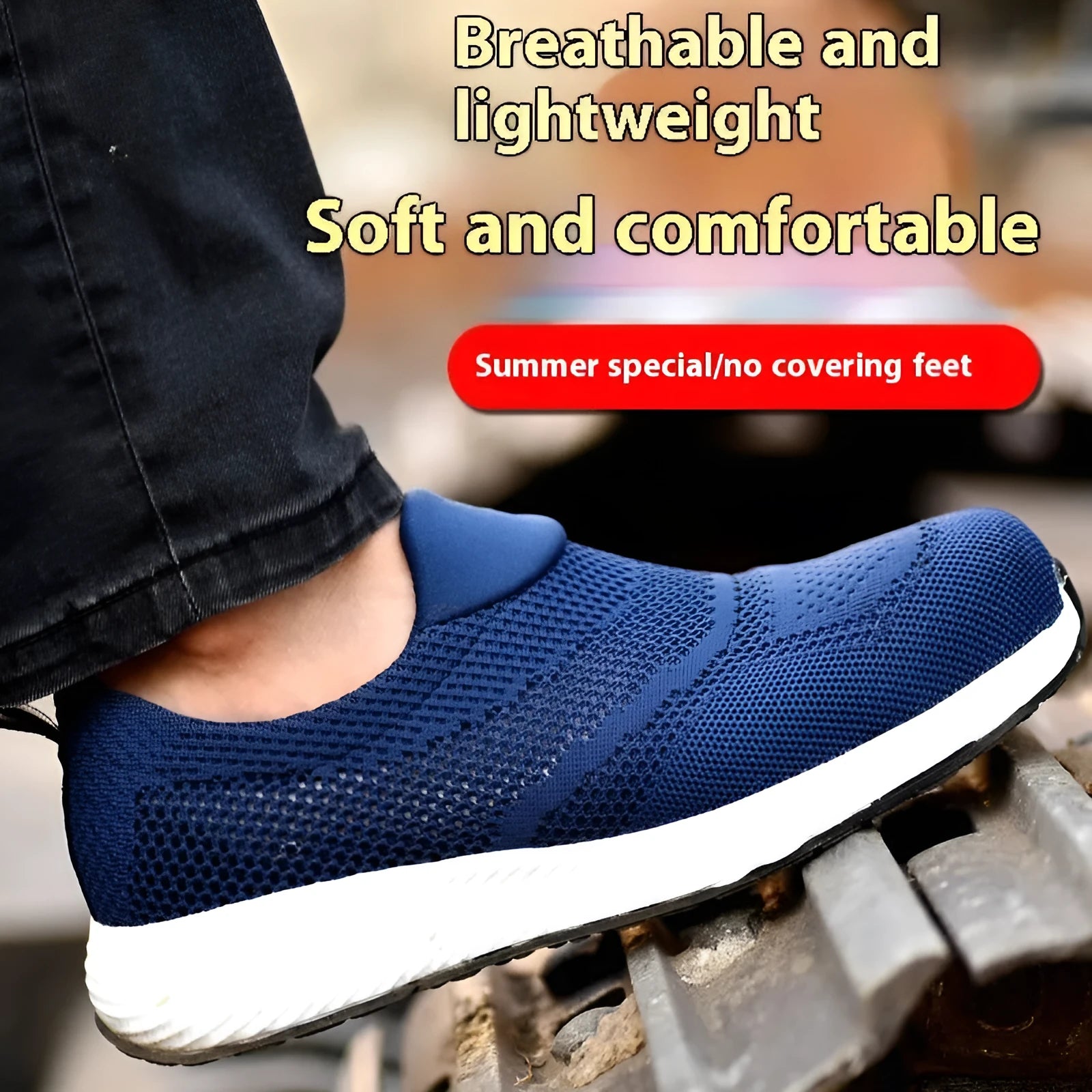 Men's lightweight steel toe work shoes in black, blue or red colours with mesh upper