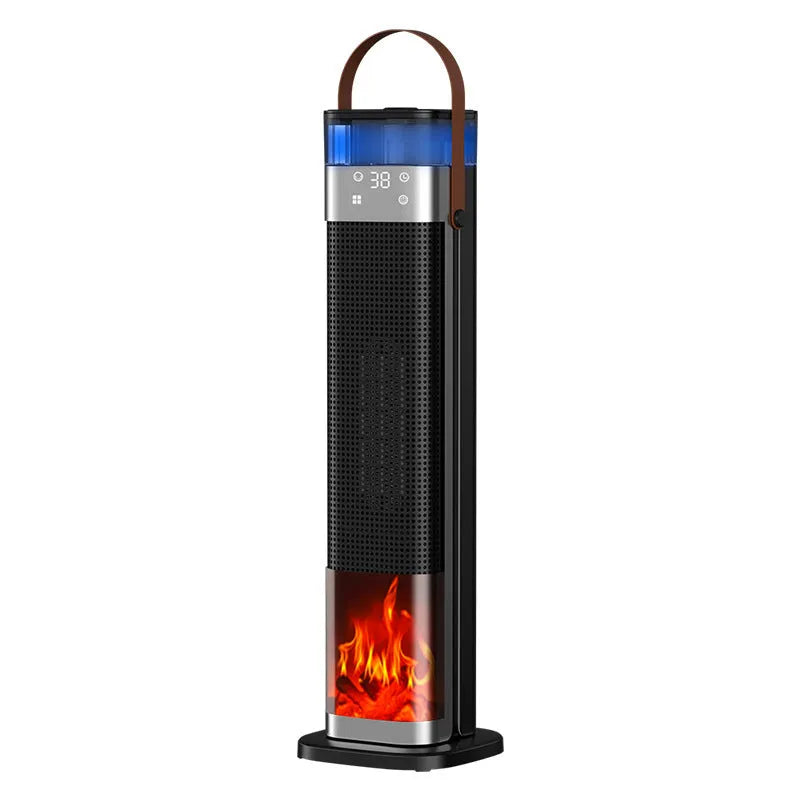 Tall, slim vertical heater with humidifier and remote control on a wooden floor.