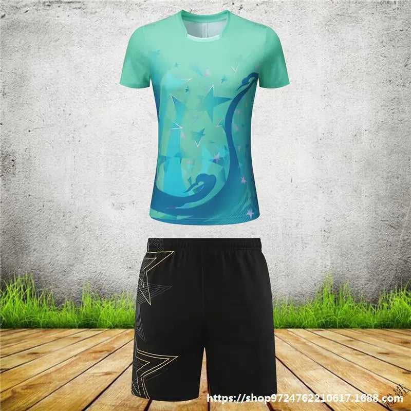 Men's and women's badminton competition sportswear set with short-sleeved polyester jacket and matching trousers.