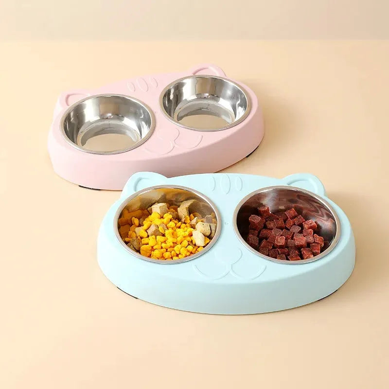 Blue plastic double bowl pet feeder with adjustable divider for cat and dog food and water