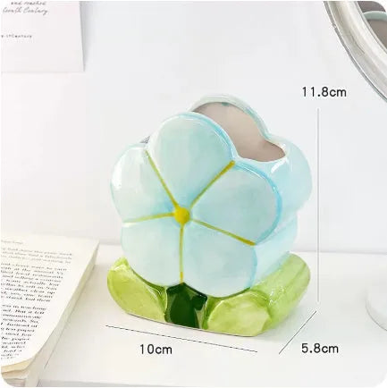 Ceramic desktop pen holder with floral pattern storage box for desk organisation