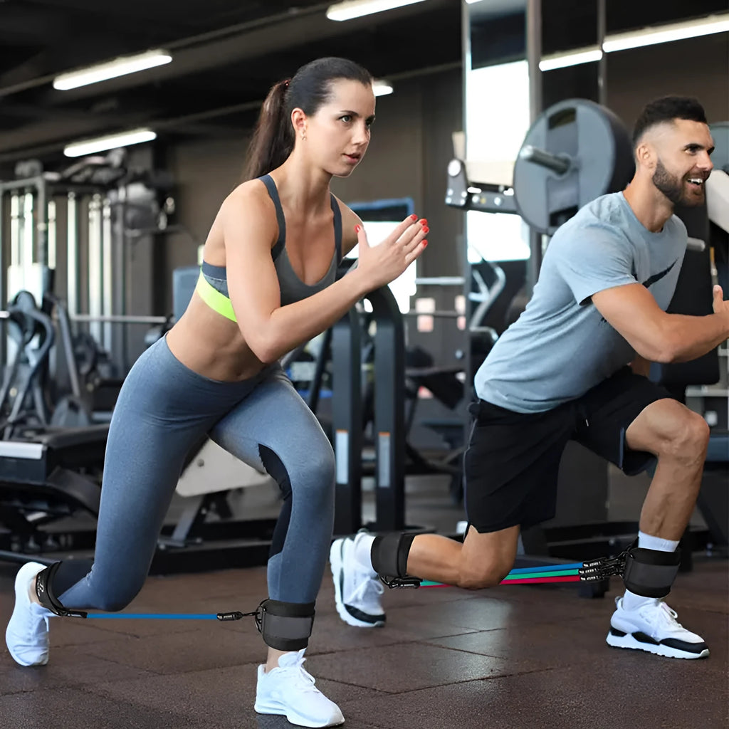 TPE resistance band set with three tension levels and foot loops for fitness exercises