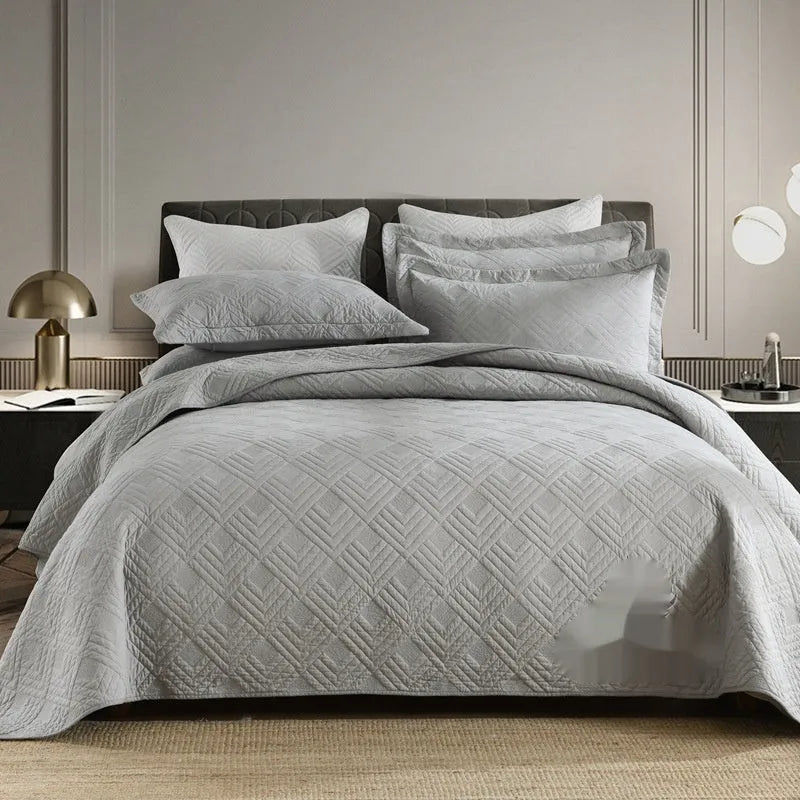 Pure cotton bed cover three-piece set in solid colours with embroidery detail for standard double beds