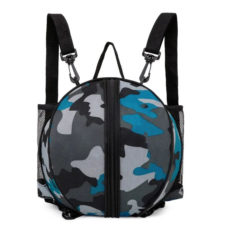 Oxford cloth basketball training bag with dual strap options shown in a colour selection including black, blue, and camouflage.