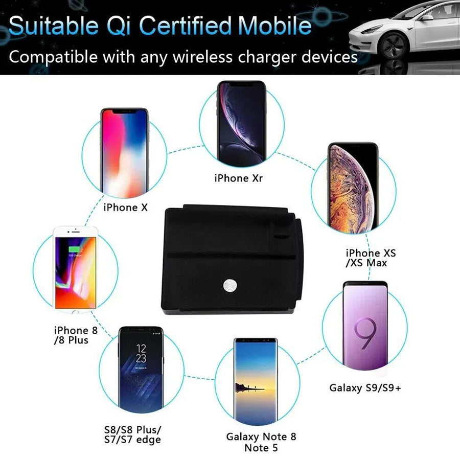 Black ABS plastic wireless charging storage box and organiser with Qi fast charging surface