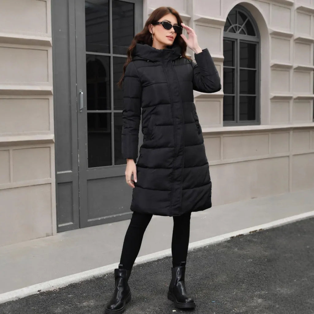 Black hooded cotton winter jacket with slim fit design and long sleeves