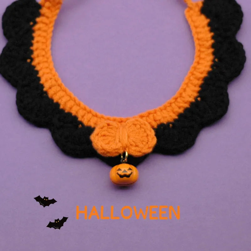 Hand-crocheted wool Halloween pet collar in pumpkin colours with adjustable sizing