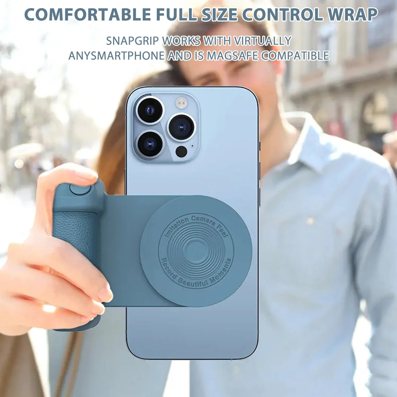 Black magnetic phone camera bracket with PU leather grip and adjustable tilt stand on a table