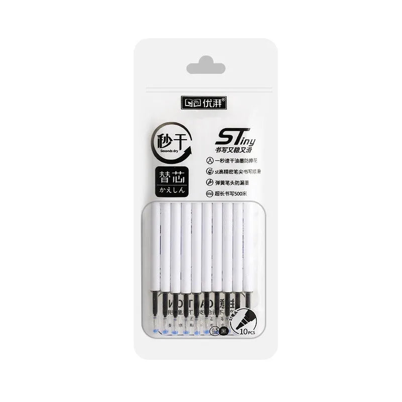 Pack of 10 quick-drying gel pen refills in black, red, blue, and ink blue colours