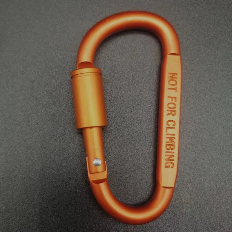 D-type aluminium locking climbing carabiner with screwgate, shown in a bright colour on a grey background.