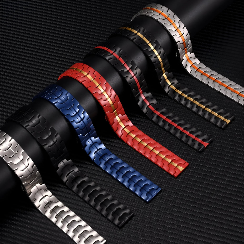 Stainless steel watch strap for Samsung Galaxy Watch showing silver and black colour options