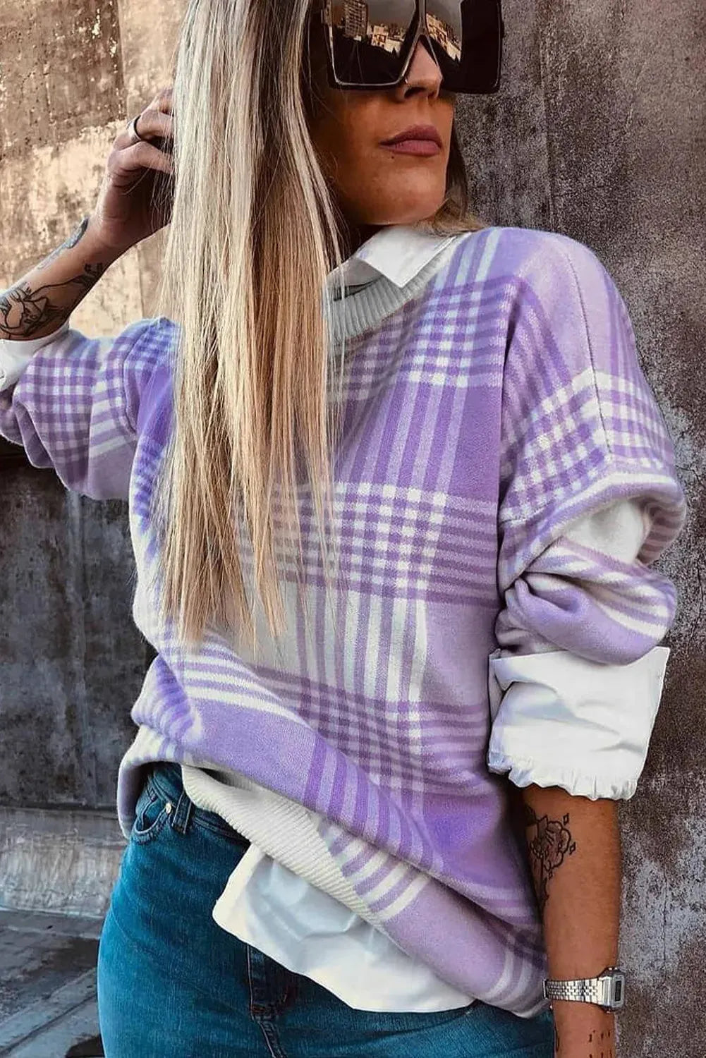 Lilac plaid print women's sweater with ribbed trim and loose fit design