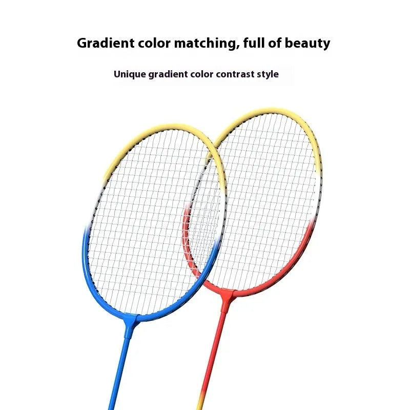 Pair of blue and red ultra-light alloy badminton rackets on a neutral background.