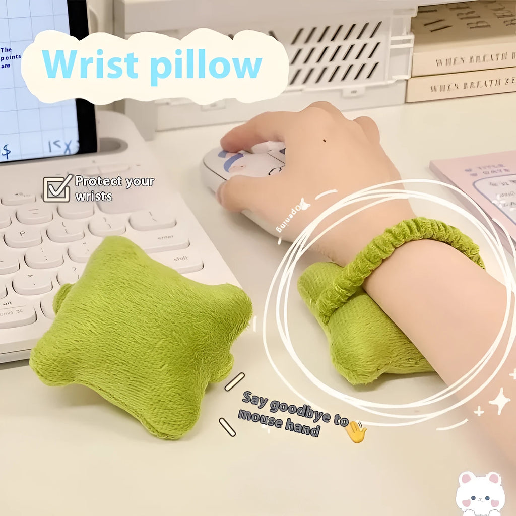 Plush wrist protector mouse pad mini pillow in blue, green, or pink colour options