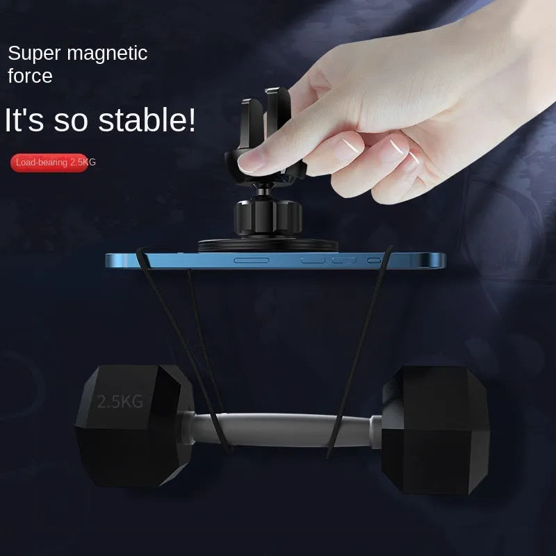 Black aluminium alloy magnetic suction car air vent mobile phone holder mounted on a central control vent.