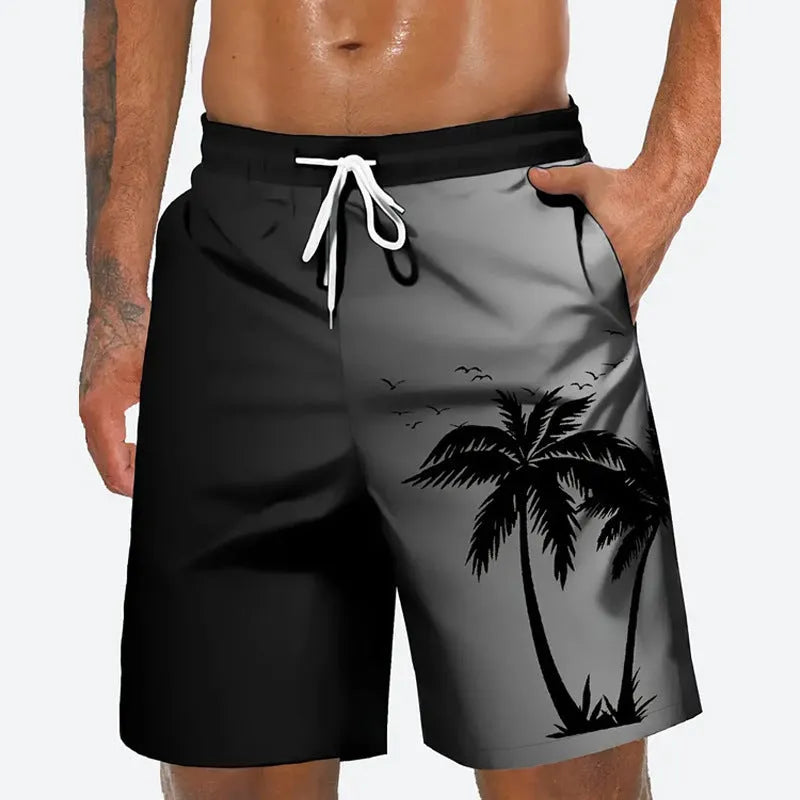 Man wearing loose grey polyester beach shorts, showing fit and style for summer leisure.