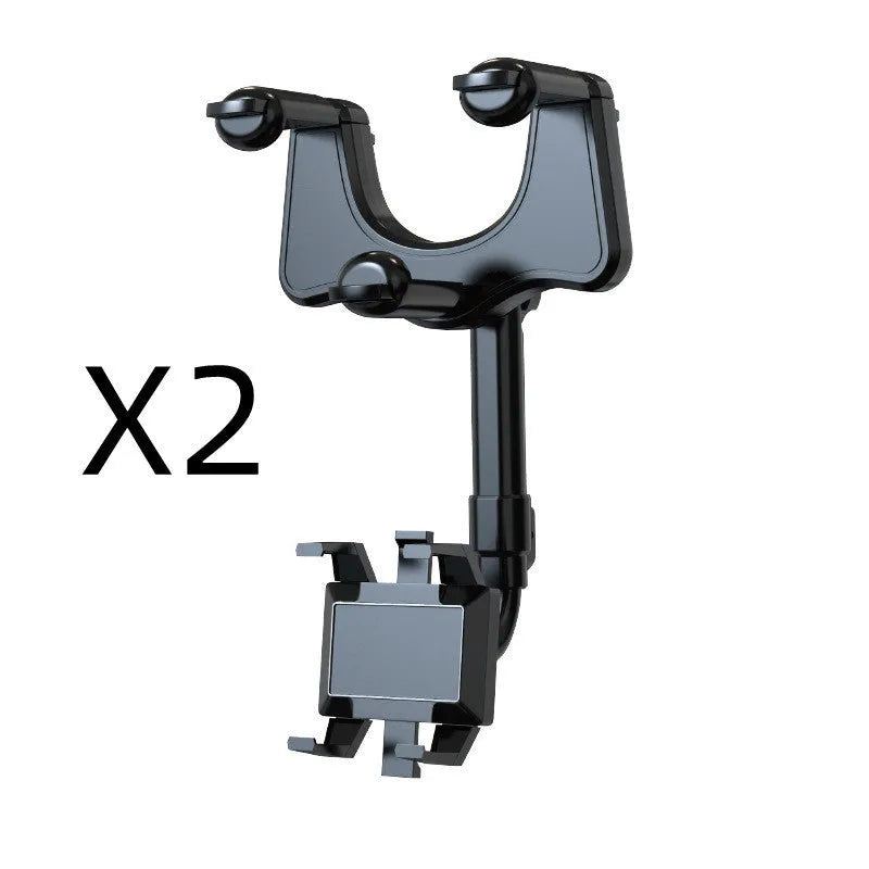 Black rearview mirror car phone holder showing 360-degree rotation and telescopic arm extension.