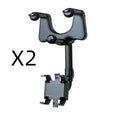 Black rearview mirror car phone holder showing 360-degree rotation and telescopic arm extension.