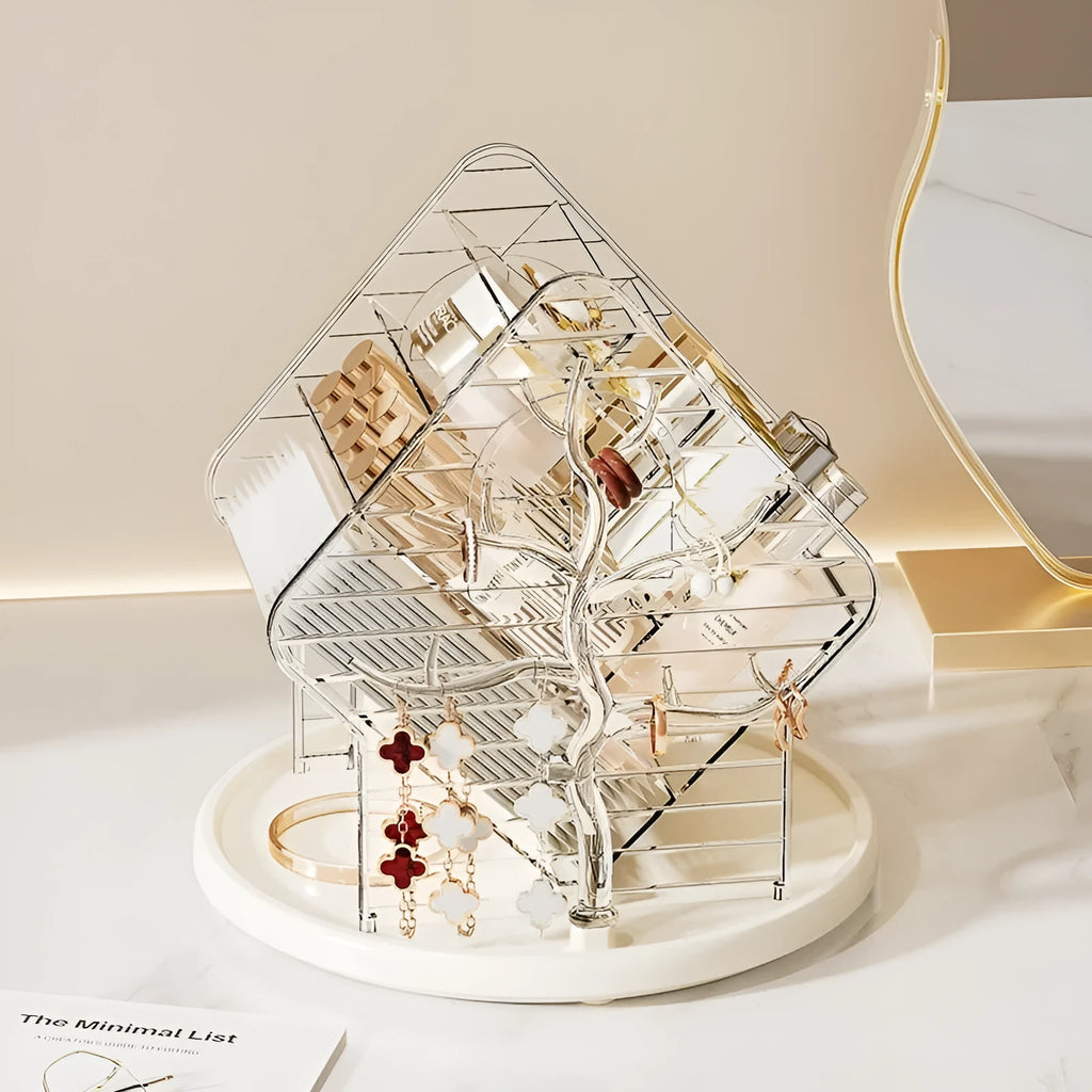 Rotating transparent plastic cosmetics storage box on a countertop.