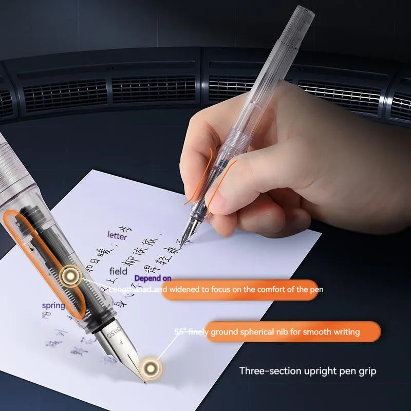 Student automatic suction pen set with plastic shell, choice of 0.38mm or 0.5mm nib, ink feeder, and storage handbag