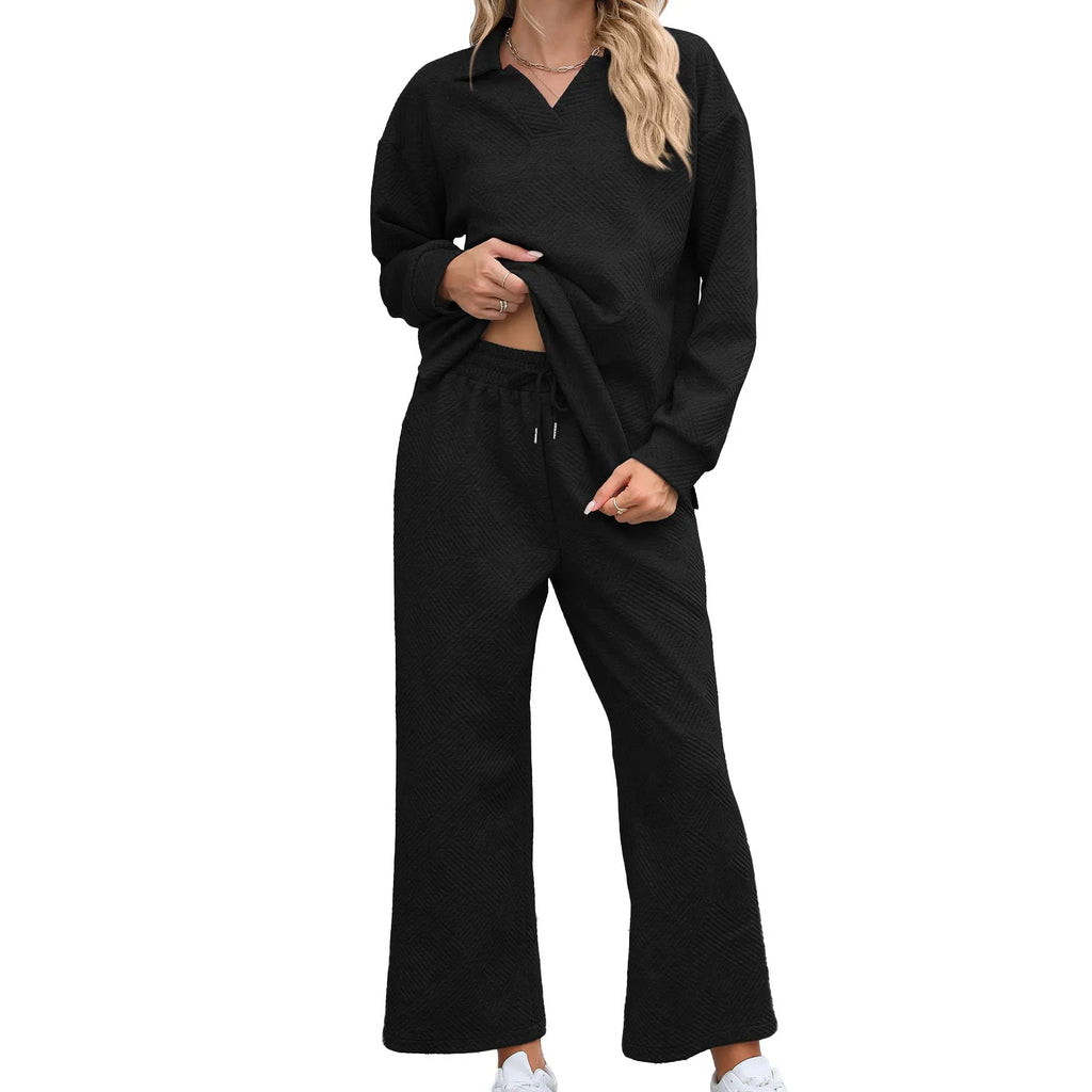 Women's solid colour knitted jacquard suit with lapel sweater and elastic waist pants in urban style