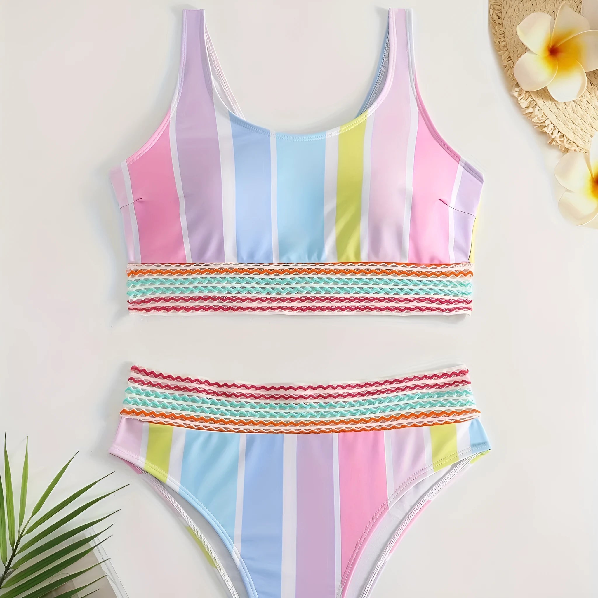 Women's striped bikini swimwear set with a sporty casual design