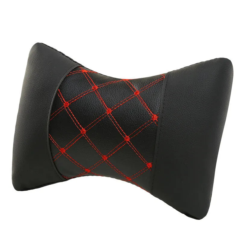 Black leather quilted car headrest neck pillow with diamond pattern and coloured stitching options