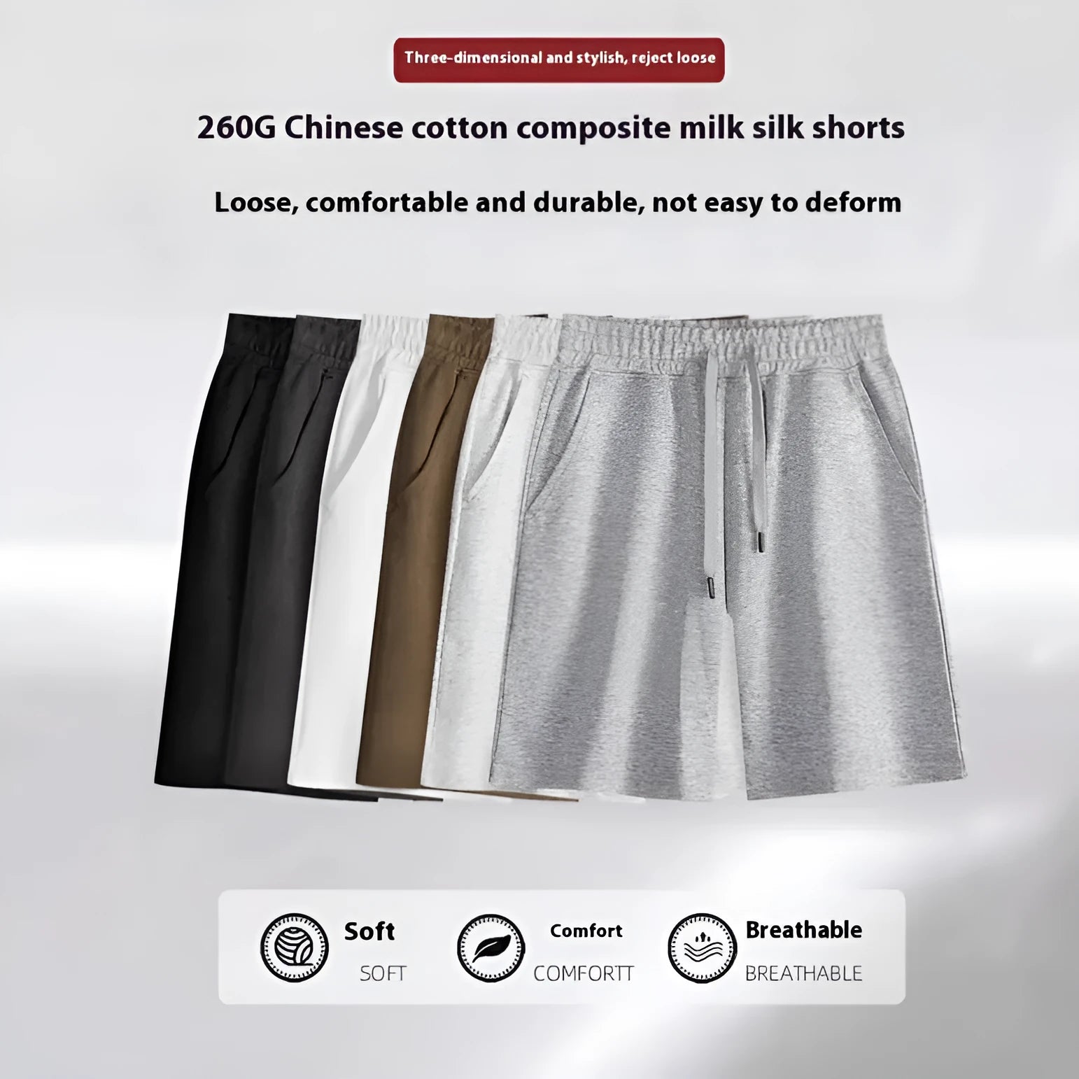 Man wearing straight-cut light grey cotton summer shorts, showcasing the fifth pants length and casual fit.