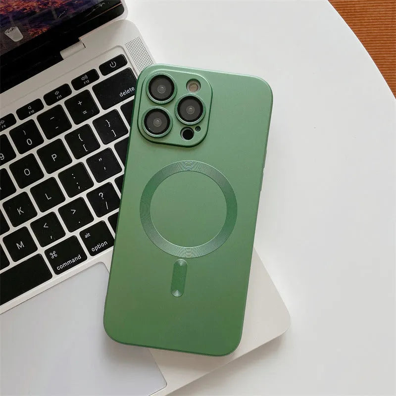 Aluminium alloy frame magnetic closure iPhone case in dark purple, shown on an iPhone.