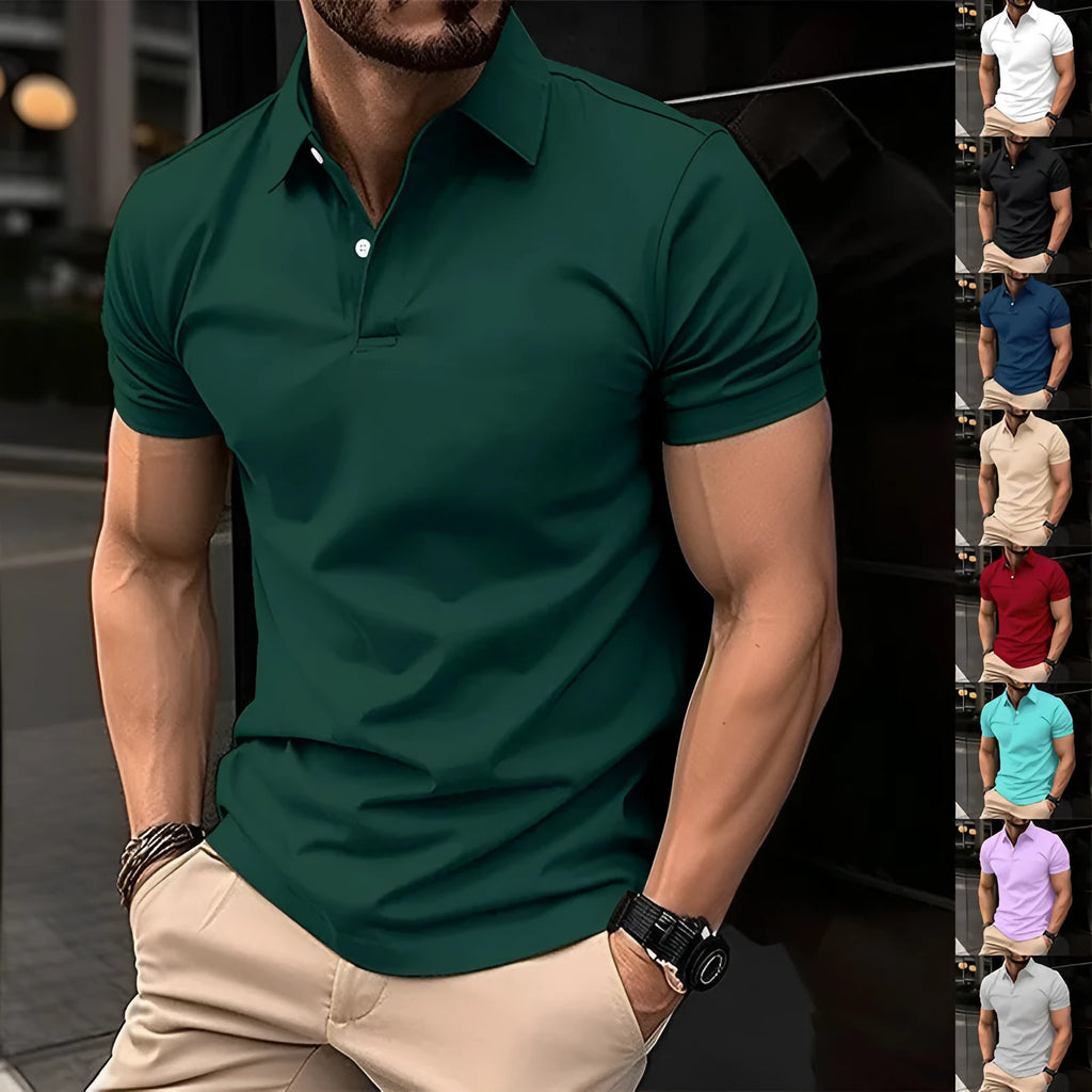Men's solid colour short sleeve polo shirt with button lapel, shown in multiple colour options.