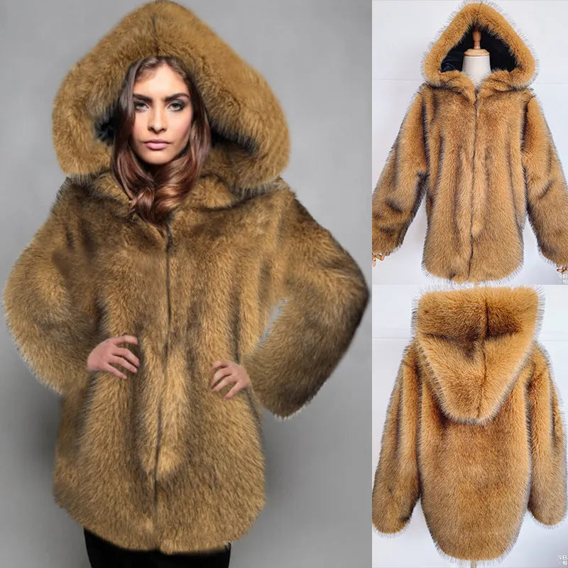 Women's silver grey artificial fur coat with loose fit and mid-length design