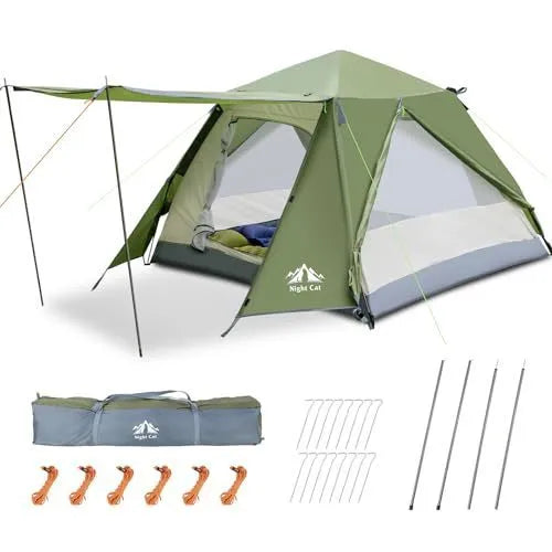 Dark green automatic pop-up camping tent with silver rainfly showing compact two-person dimensions