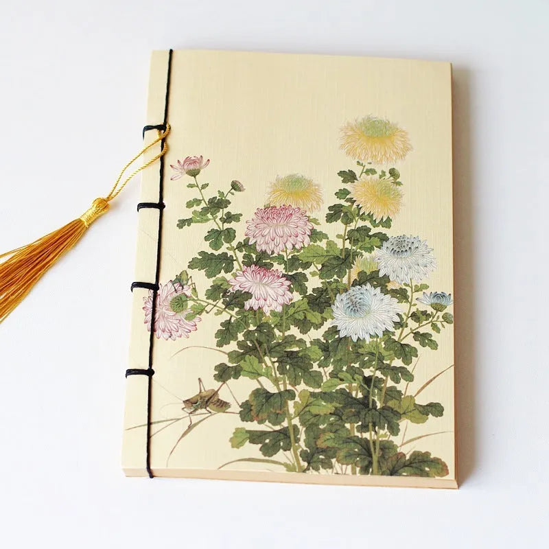 A5 antique wire-bound notebook with retro painting cover, thread binding, and black tassels.