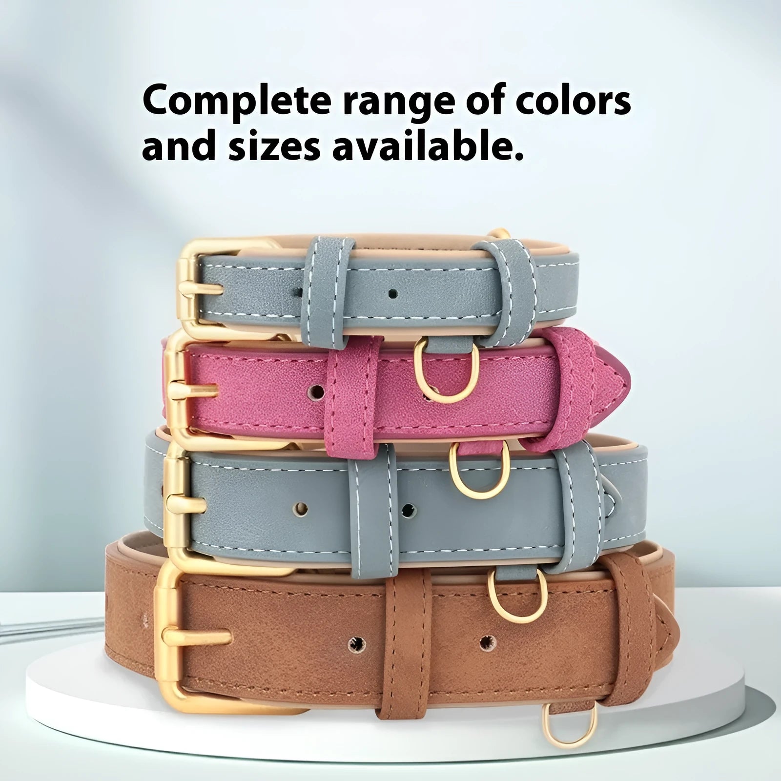 Double-layer leather dog collar and matching lead in rose red, brown, or blue for small to extra large dogs.