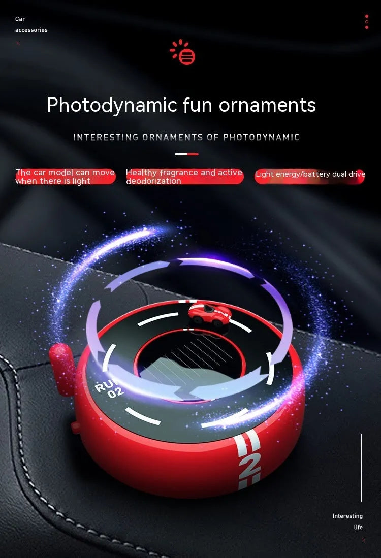 Round solar-powered car perfume decoration with light sense model in black, red, or white colours