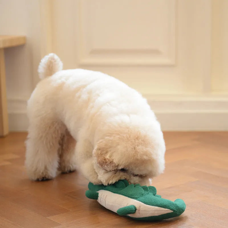Green soft plush toy dog stuffed animal measuring 35cm long on a white background.