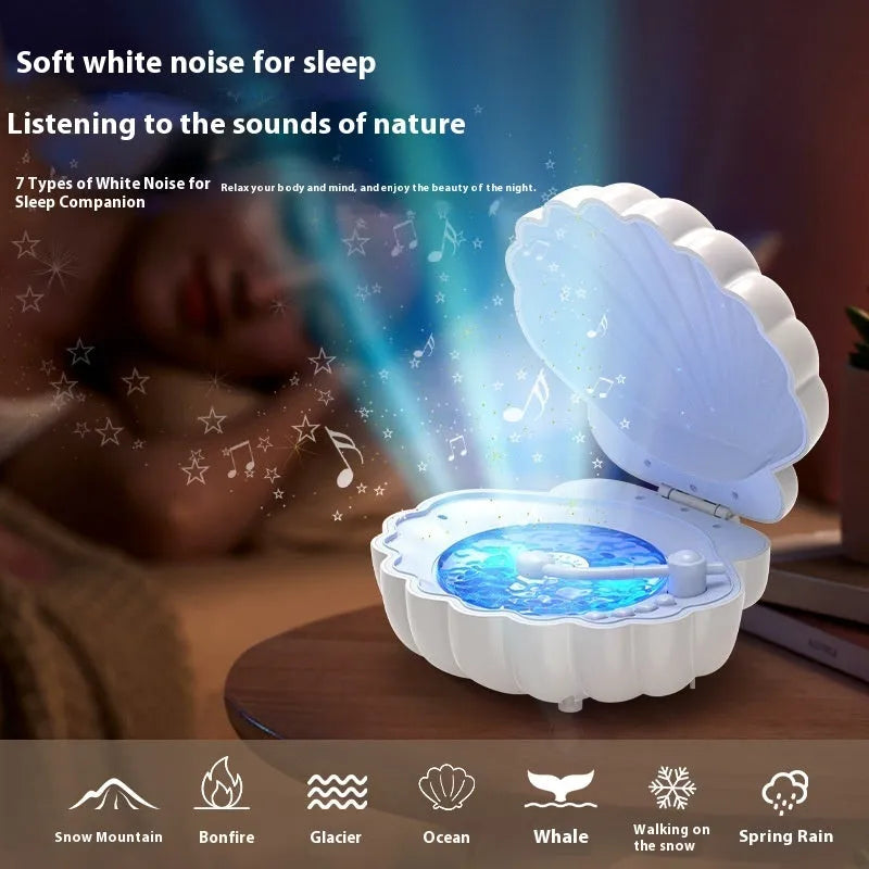 Retro vinyl record player styled shell lamp with integrated speaker and LED lighting in blue.