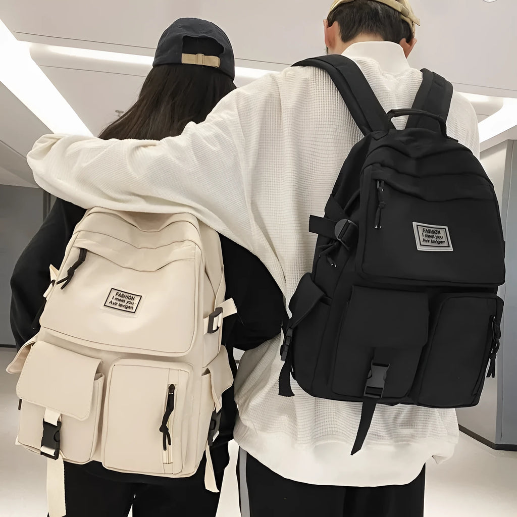 Soft black and white student backpack with laptop compartment and 3D pocket