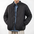 Men's black diamond lattice patterned cotton-padded winter jacket with loose fit and lengthened 100cm design