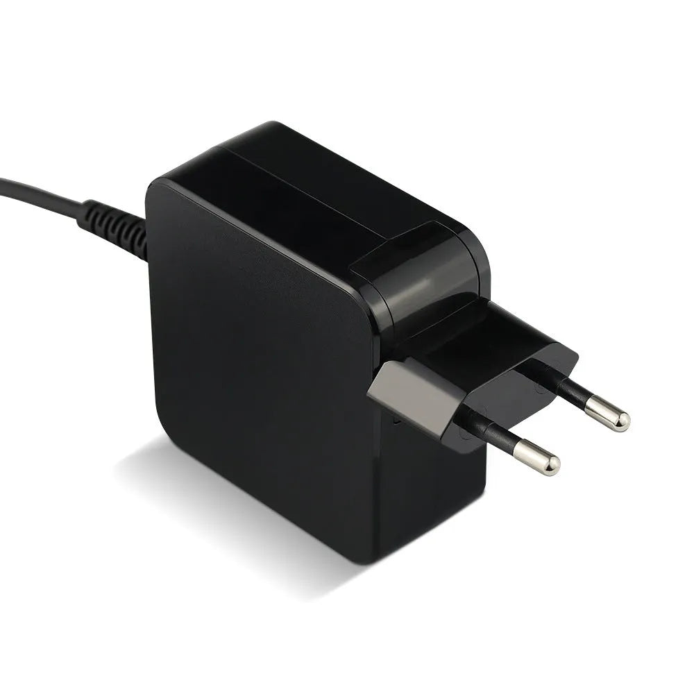 Black 45W laptop power adapter with US and EU plug options showing compact dimensions