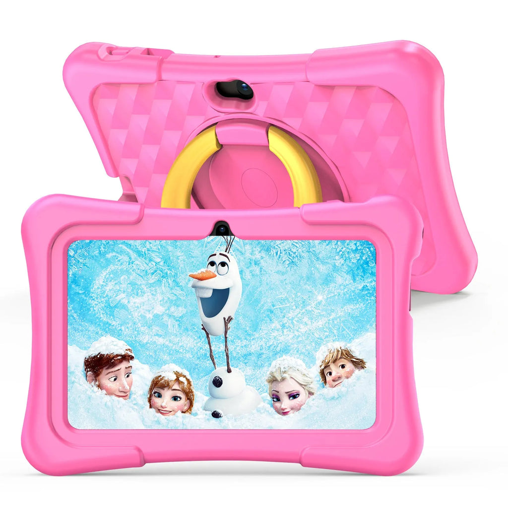 Pink and blue children's educational tablet with silicone protective cover and a rotating handle bracket attached.