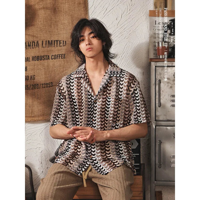 Grey Japanese style Cuban collar short sleeve shirt with jacquard pattern, slim fit.