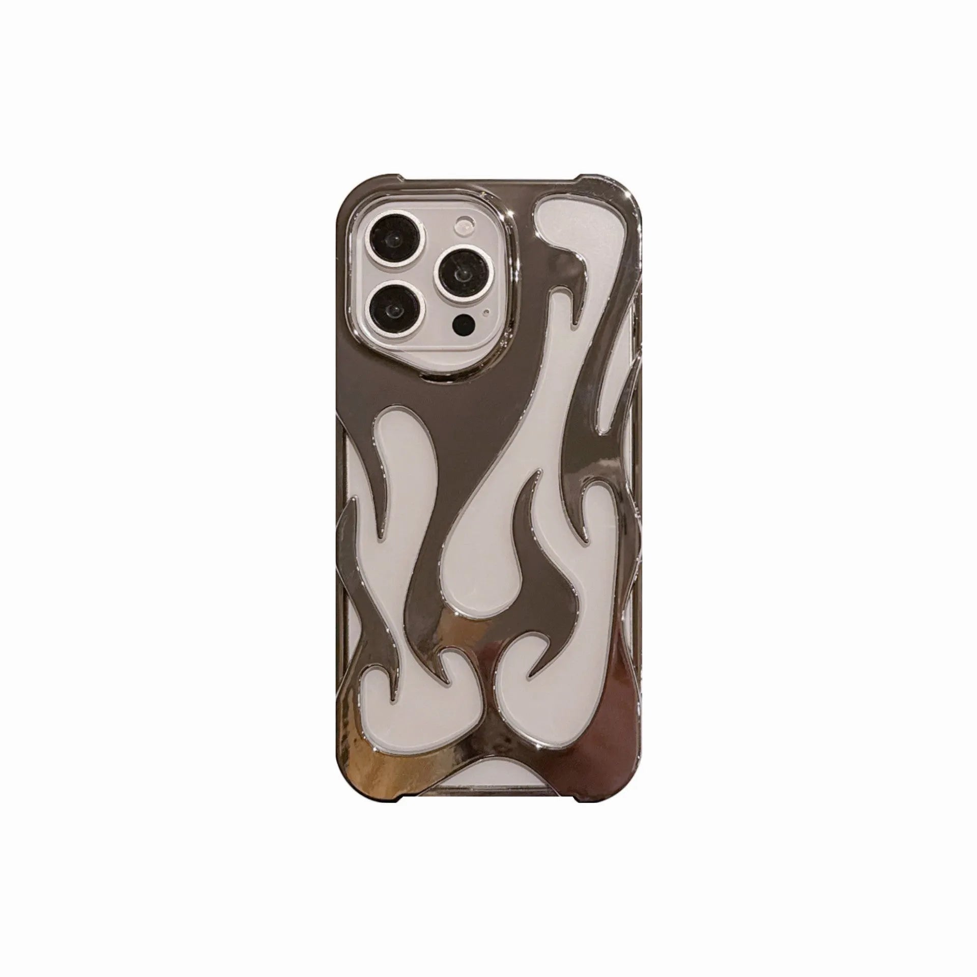 Electroplated iPhone case with hollow flame pattern design in gold, black, purple, and silver finishes