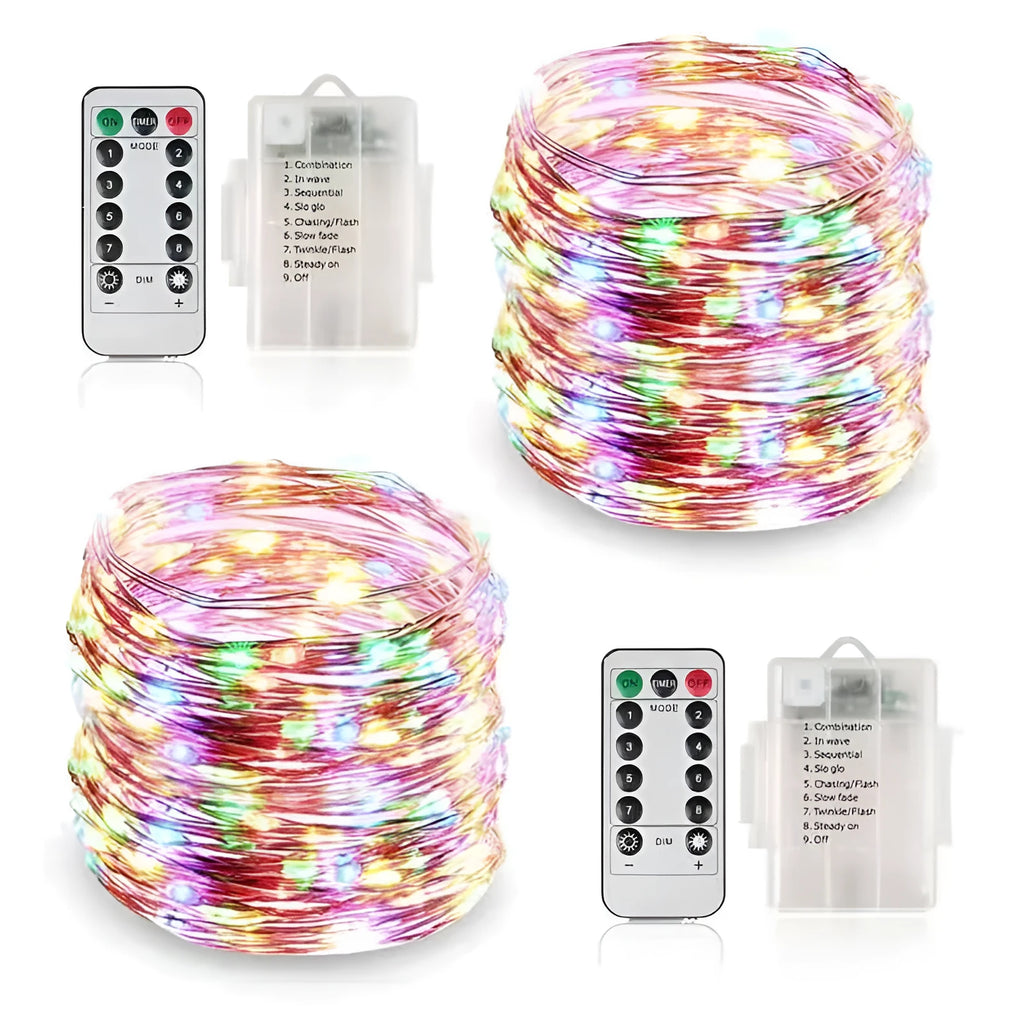 12 metre copper wire LED string lights with battery box in multiple colour options