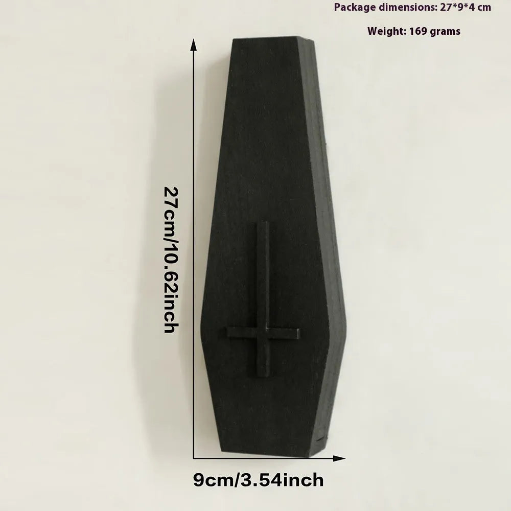 Wooden cross-shaped wall shelf with display area measuring 27 by 9 centimetres