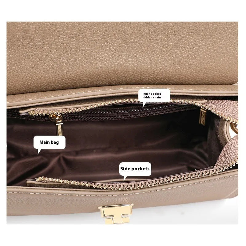 Elephant grey genuine leather crossbody handbag with vintage lock and litchi pattern texture
