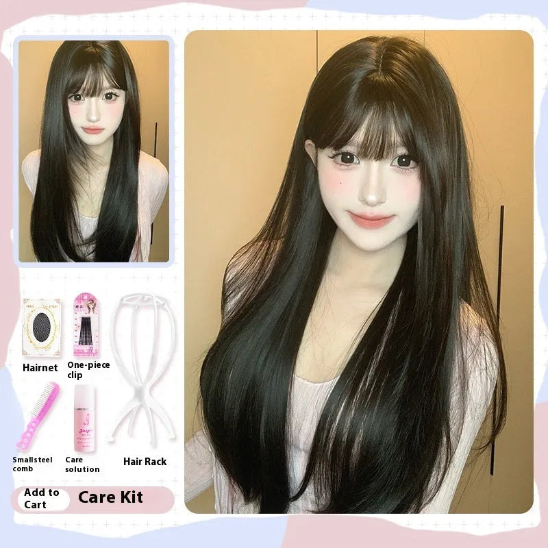 Dark brown long straight synthetic women's wig with bangs for round face shapes