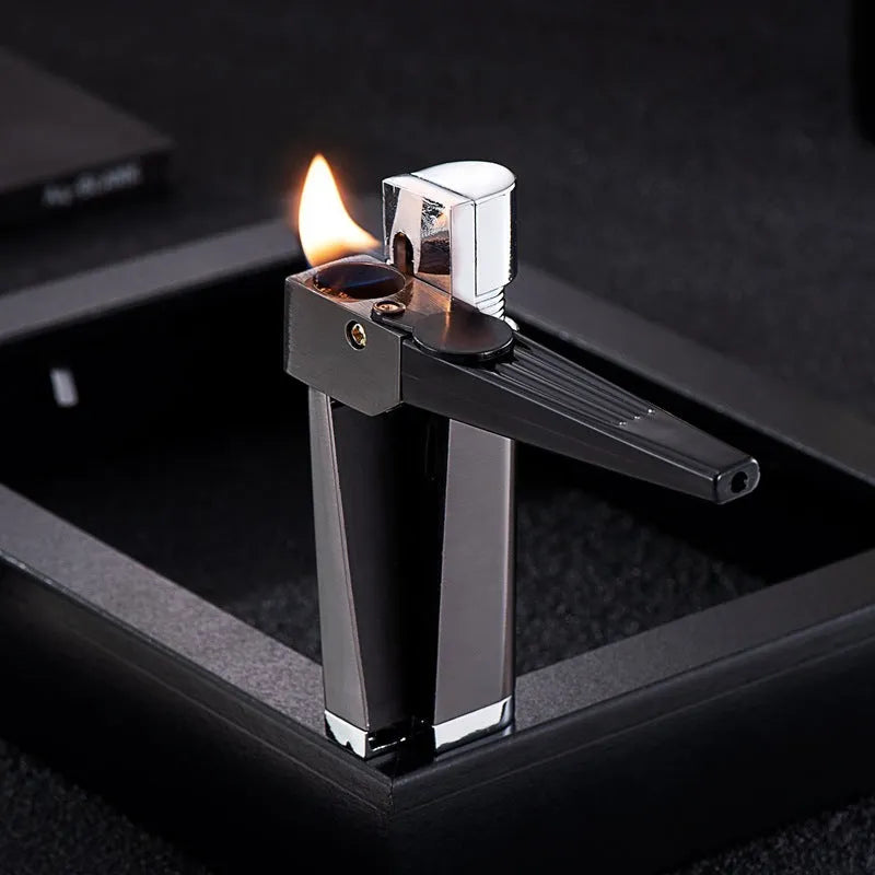 Foldable metal pipe lighter showing zinc alloy construction and refillable butane mechanism